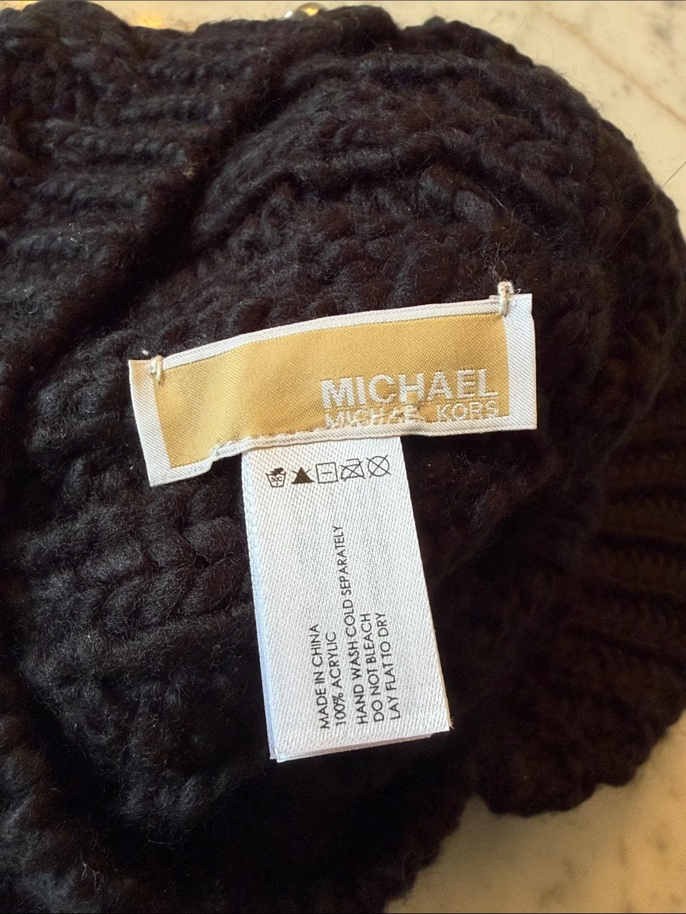 Michael Kors Black Cable Knit Visor Hat with Silver Chain